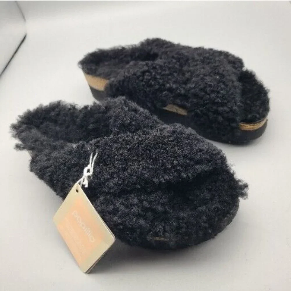 BIRKENSTOCK PAPILLIO Women Black Daytona Teddy Platform Sandal Slide  6 37 New